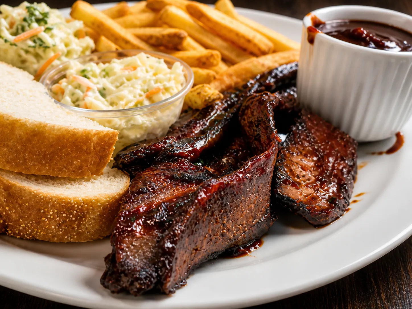 BBQ baby back ribs with fries, coleslaw and BBQ sauce at Big Guy's Ranch & Saloon, St. Vital, Winnipeg