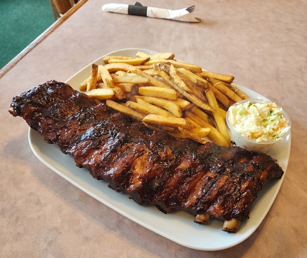 Baby Back Ribs — meaty pork back ribs smothered in BBQ sauce at Big Guy's Ranch & Saloon, Winnipeg