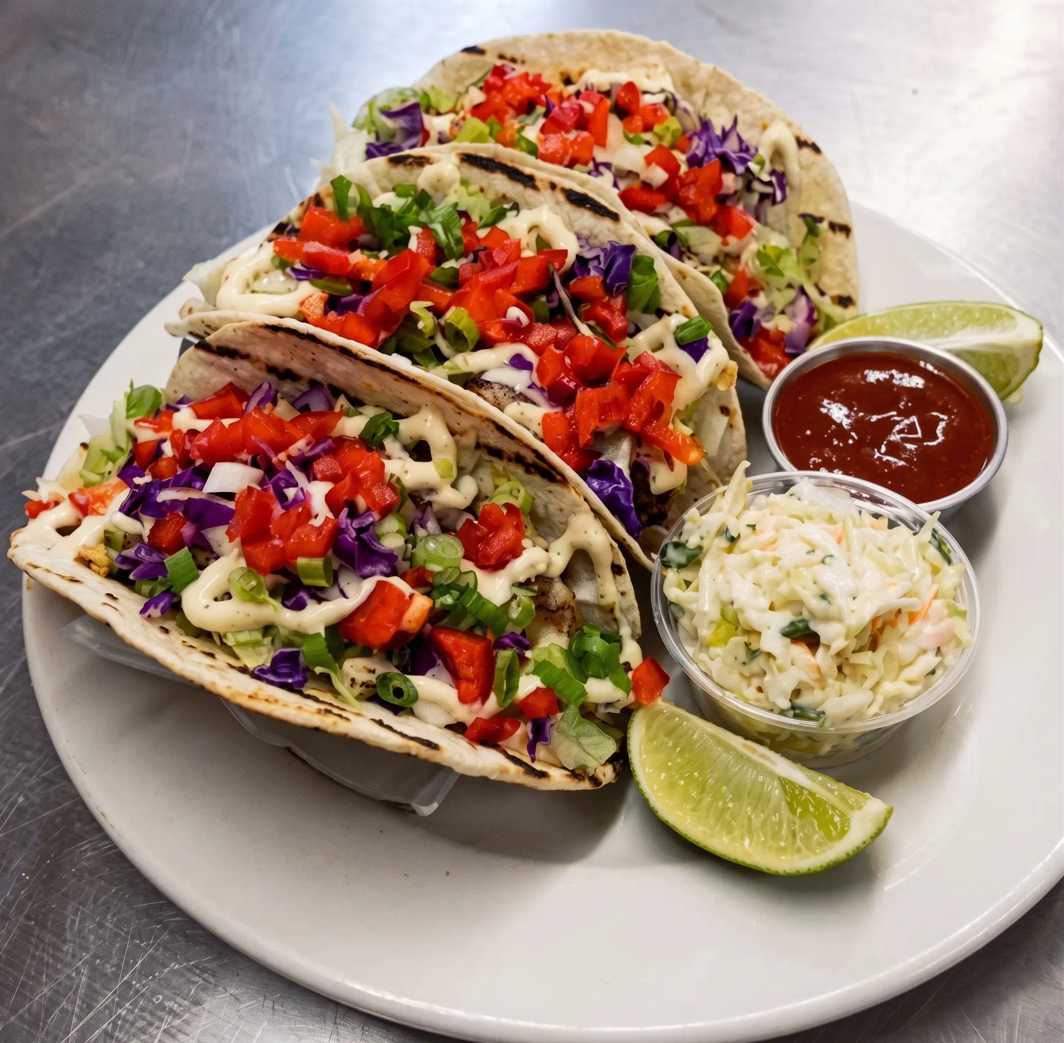 Fish Tacos platter with lime, salsa and coleslaw at Big Guy's Ranch & Saloon in Winnipeg