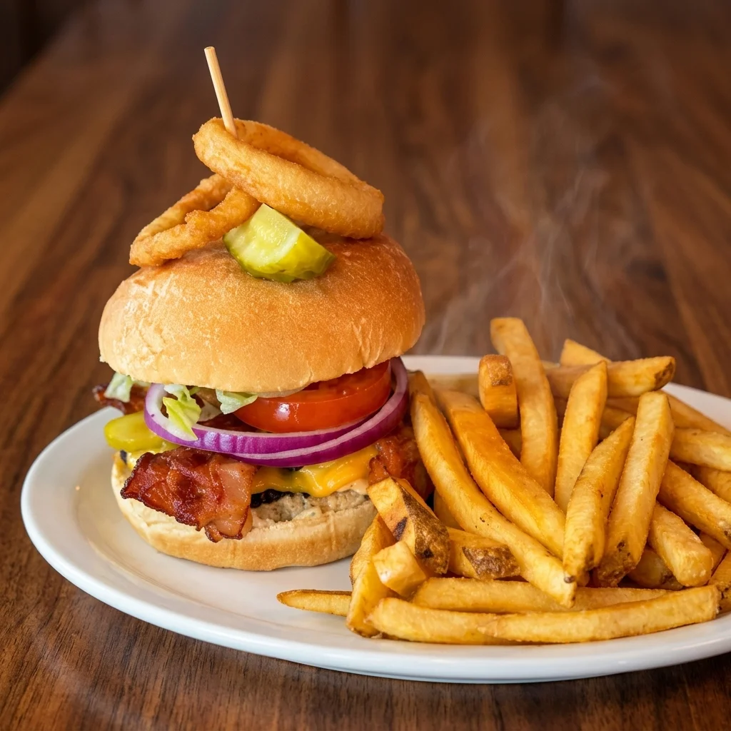 Big Guy Burger — charbroiled Certified Angus Beef burger with bacon and cheese at Big Guy's Ranch & Saloon, Winnipeg