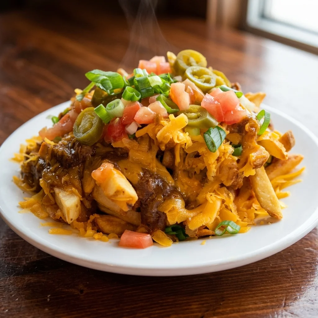Mexi Fries — fries with chili gravy, jalapeños, tomato, green onion and cheddar at Big Guy's Ranch & Saloon, St. Vital, Winnipeg